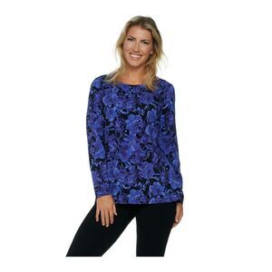 Maya J Women's Top Plus Sz 3X Denim & Co. Watercolor Floral Printed Blue A282205